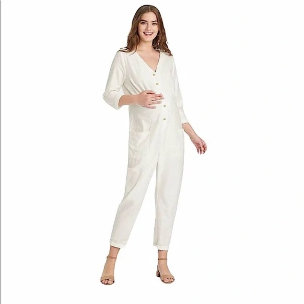 NWT The Nines by HATCH™ Maternity 3/4 Sleeve Button-Front Jumpsuit Cream
